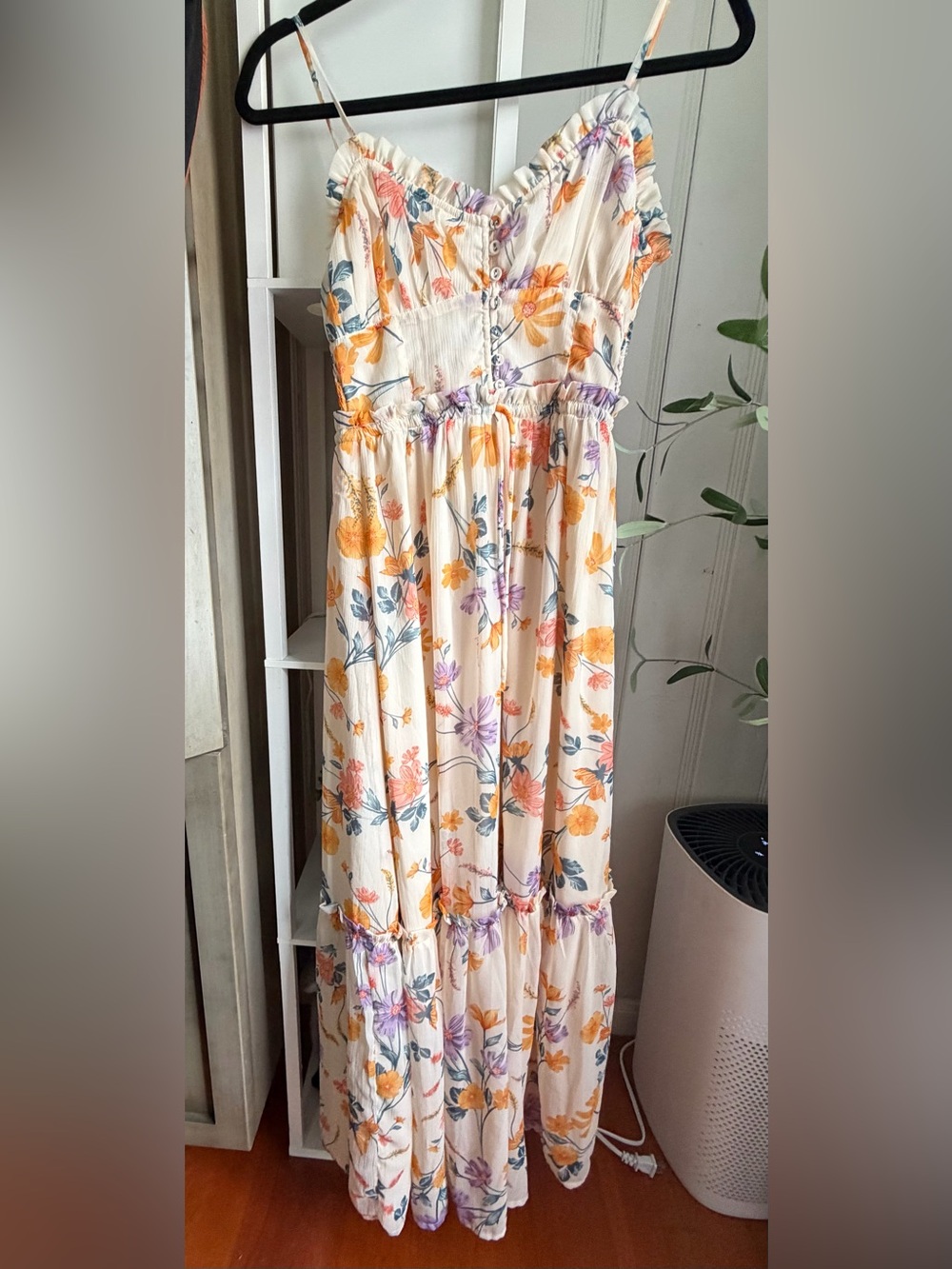 Floral Tiered Maxi Dress in Cream with Orange & Lavender Flowers